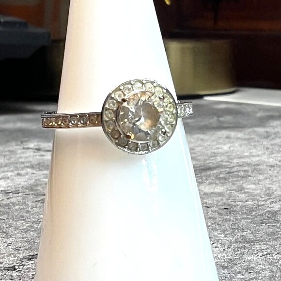 Size 7 ring, stamped 55, clear stones silver color band - Picture 1 of 11